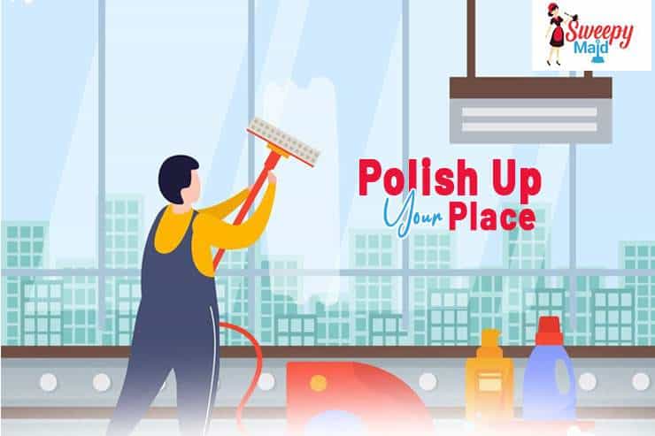 Polished window cleaner with squeegee in high-rise apartment, professional housekeeping service.