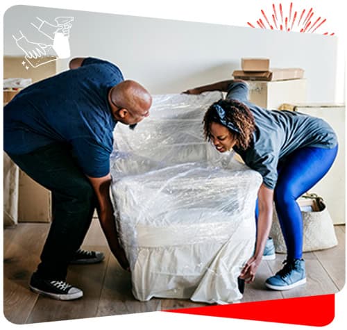 Professional cleaning service removing plastic cover from furniture for thorough house cleaning.