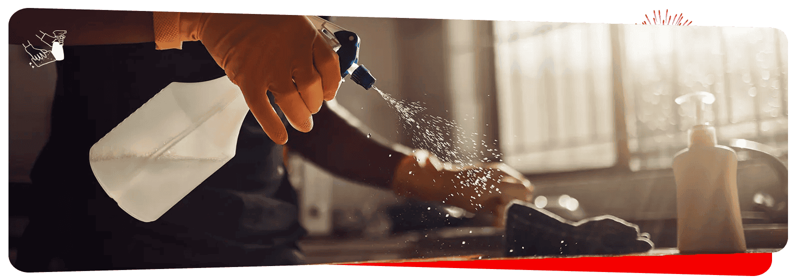 Spray bottle with cleaning solution for home cleaning or disinfecting services.